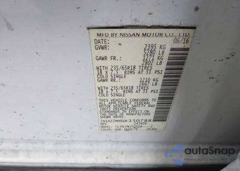 2016 Nissan Murano S z USA, uszkodzony, nr VIN 5N1AZ2MH6GN150788